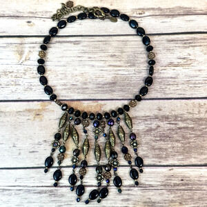 CHICO’S Black Gold Multi Color Beaded Collar Bib Waterfall STATEMENT NECKLACE